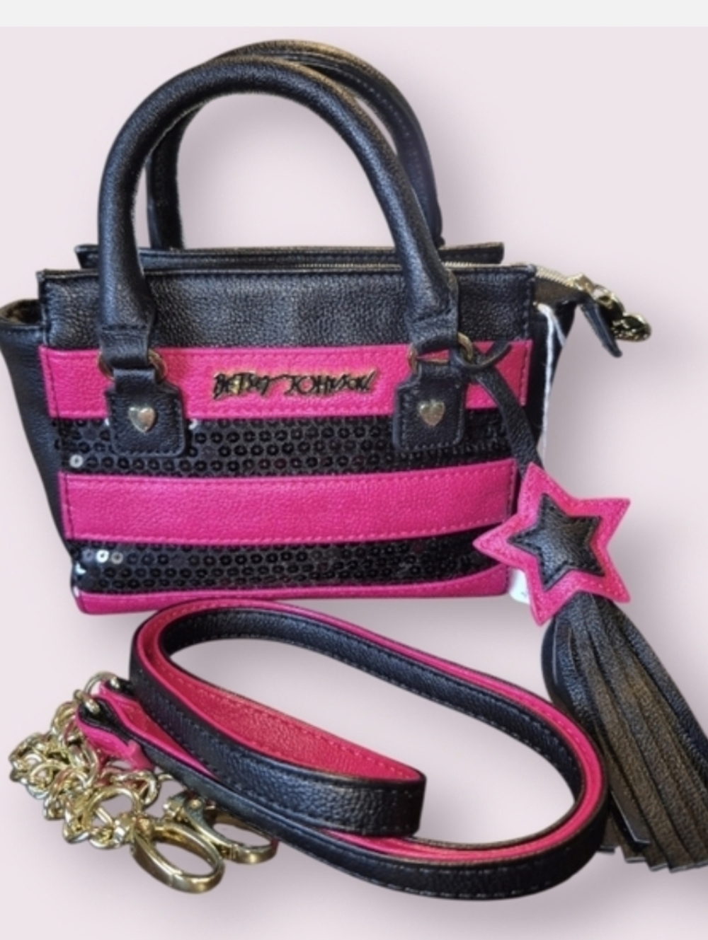 Betsey Johnson Black and Pink Mini Bag with Star Charm EUC